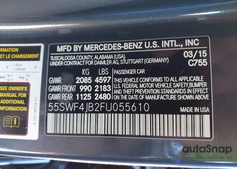 2015 Mercedes-Benz C 300 Sport из США, поврежденный, VIN 55SWF4JB2FU055610